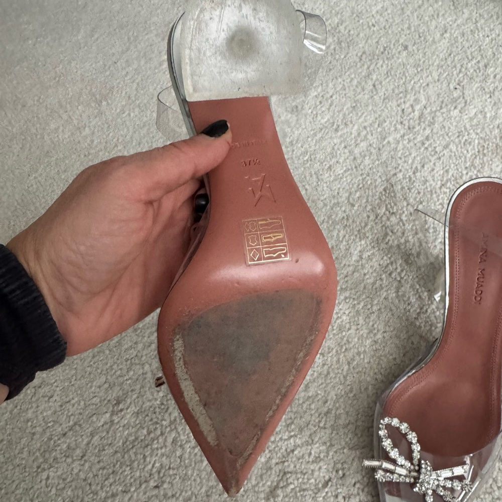 Amina Muaddi Silver Heels with Crystal Bow - Picture 2 of 4